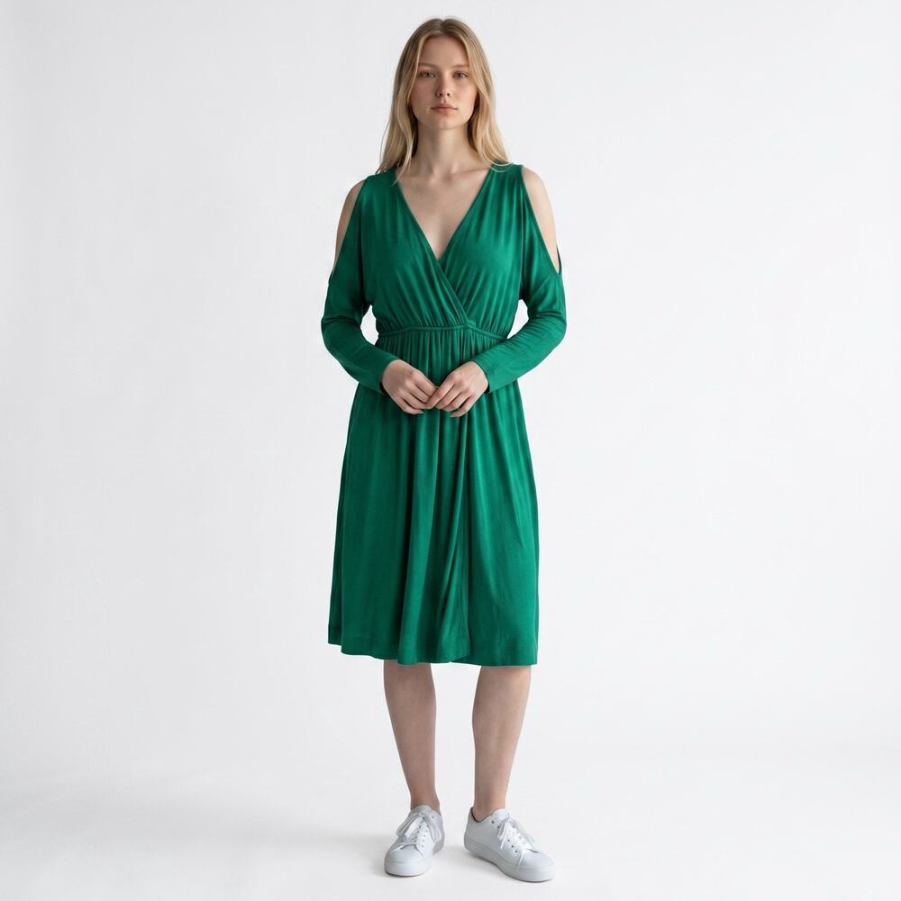 Soma Cold Shoulder Midi Dress Green Sz Large Stretch Career Comfortable Casual